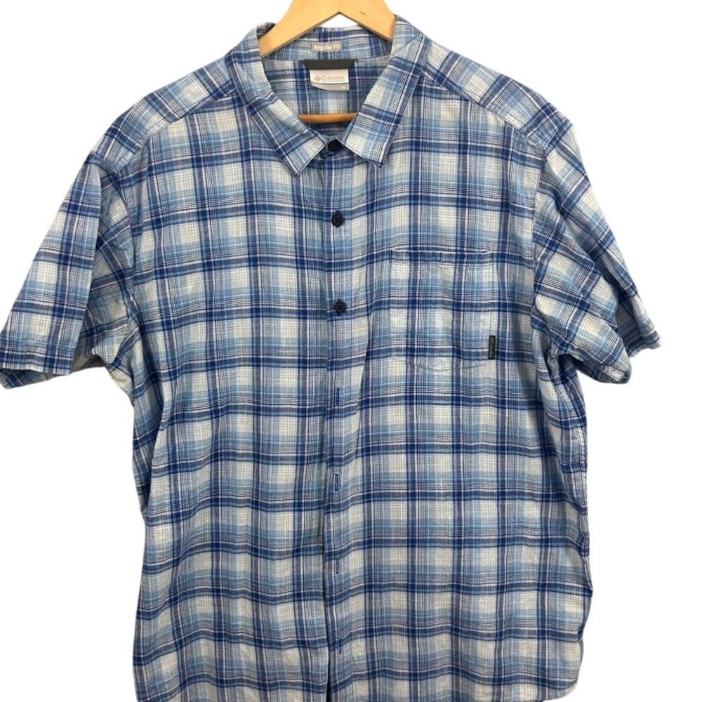 Columbia Mens XL Blue Plaid Short Sleeve Button Up Shirt Regular Fit Cotton
